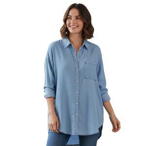 LOFT Blue Denim Light Roll Up Long Sleeve Button Up Shirt-Size L-New W/tags